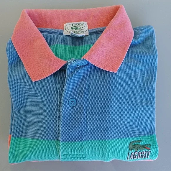 VTG IZOD Lacoste Men's Striped Short Sleeve Polo Shirt Blue Coral Green XL - Picture 9 of 9